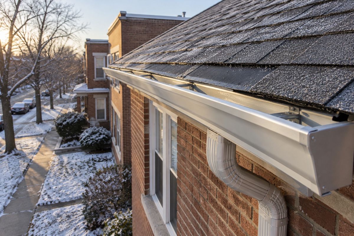 Eave and gutter of a newly installed roof with light early snow