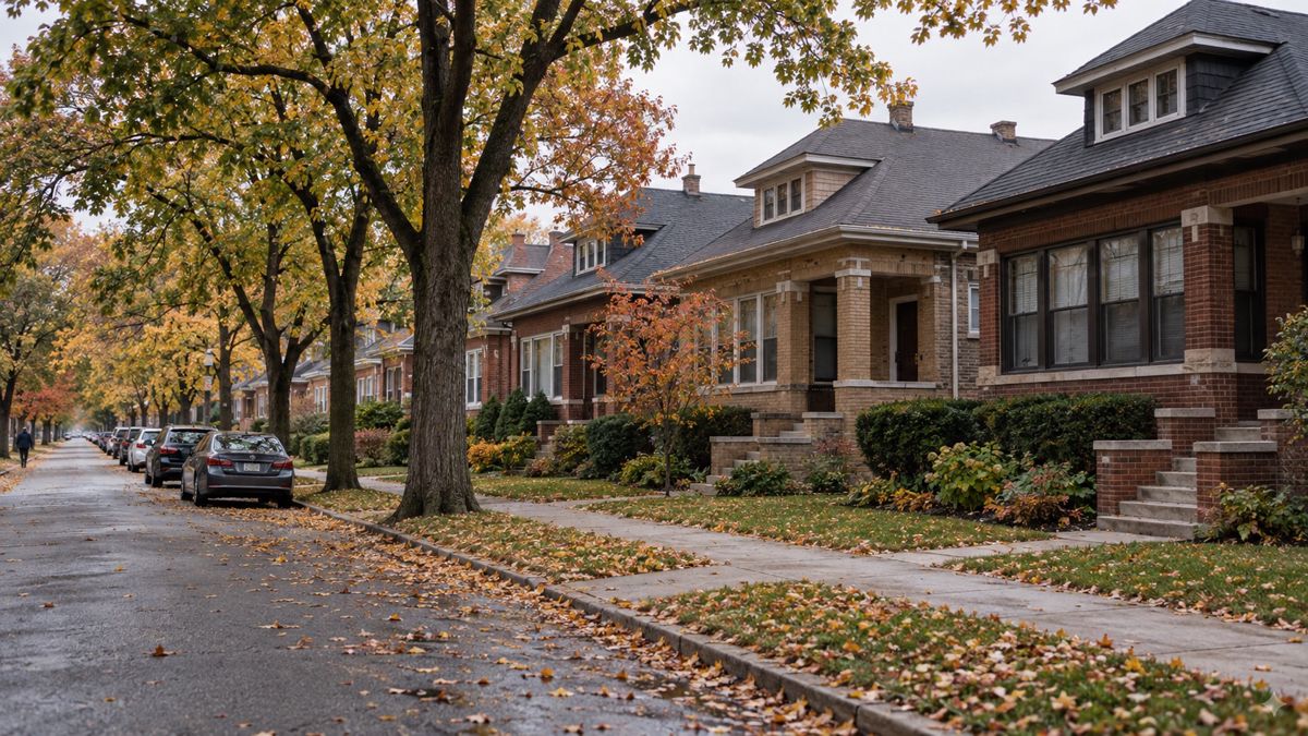 Brick bungalows and two-flats with shingle roofs on a Chicago street