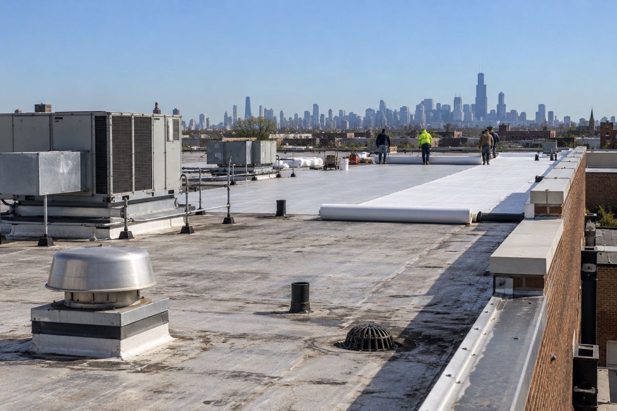 Crew installing a white membrane on a flat commercial roof in Chicago