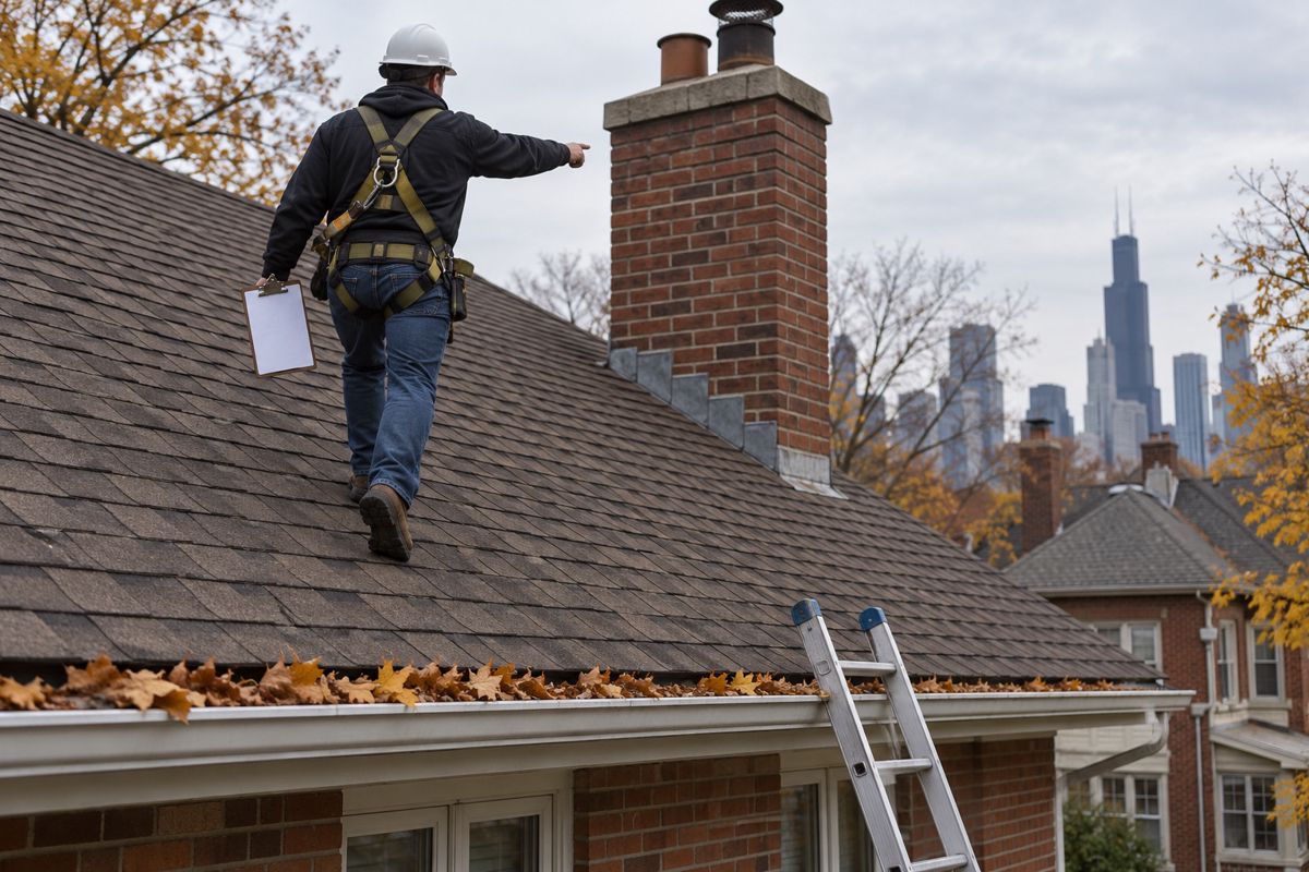 Inspector seen from behind checking a shingle roof beside a chimney