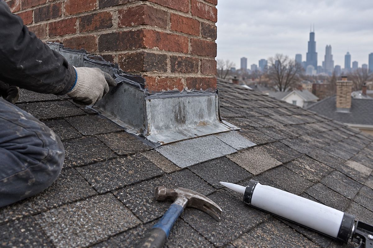 Roofer's hands repairing chimney flashing on an asphalt shingle roof