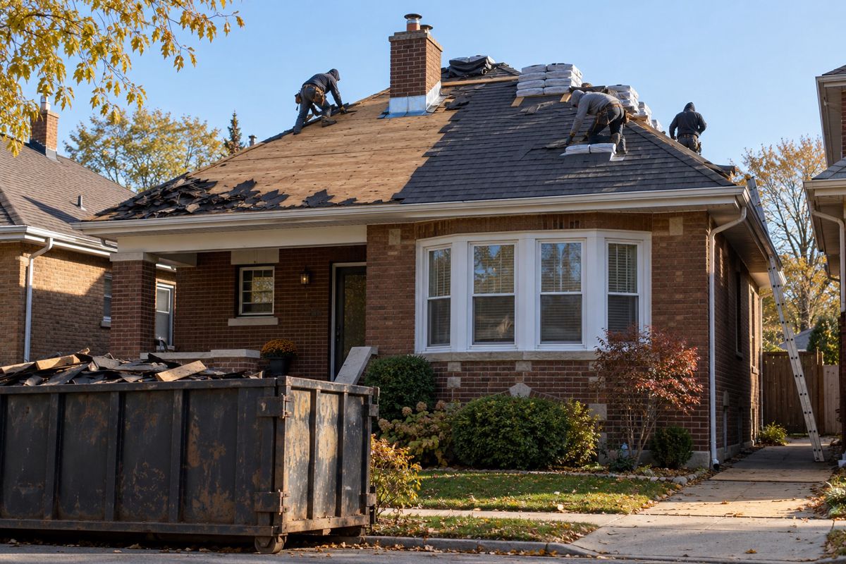 New shingles being installed on a Chicago bungalow roof during tear-off