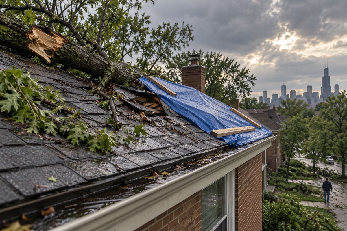 Storm-damaged shingle roof with a fallen branch and a tarp partly in place